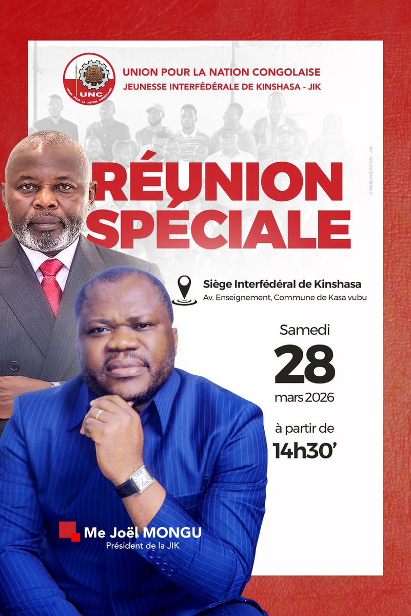 GBokanza48824's tweet image. #RDC #Jik :
En prélude de la grande activité qu'organise La Jeunesse nationale de l'Union pour la nation congolaise UNC en sigle, le pdt de l'inter-fédération/Kin Mwana mboka @JolMongu2 invite tous les jeunes demain samedi 28 Mars 2026 à une réunion de mise au point.
Détails 👇