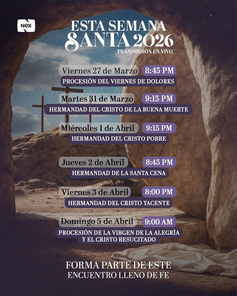 NexPanama's tweet photo. ✨ Esta Semana Santa, vivamos juntos un tiempo de reflexión, fe y tradición.
Acompáñanos en cada procesión y sé parte de un encuentro que nos une como comunidad, recordando el verdadero significado de estos días sagrados 🙏
#SemanaSanta2026 #FeQueUne #Tradición #Panamá #NexTV https://t.co/UGz6s4jjBa
