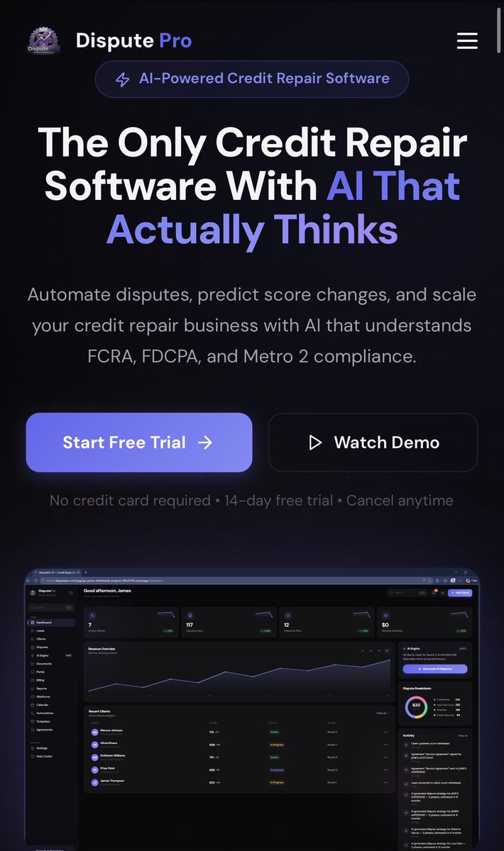 Creditjamess's tweet photo. Let’s face it, most people don’t understand how to fix their own credit.  They don’t know the laws, or what it even takes to achieve a 800 credit score.

That’s why I built @DisputeProAI 
THE MOST, AI powered credit repair software for business owners or individuals . This thing is a BEAST.