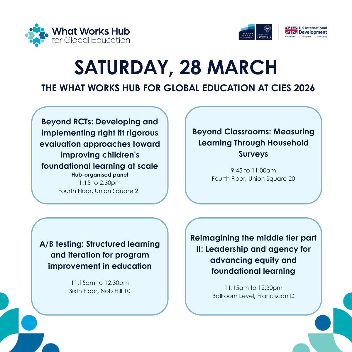 WWHGlobalEd's tweet photo. 📣 Join the What Works Hub for Global Education at #CIES2026 tomorrow, 28 March, for 4 exciting panels on #ABtesting, the #MiddleTier & more!
#CIES2026WWHGE #ImplementationScience @youthimpactorg https://t.co/FM0R9p48GA