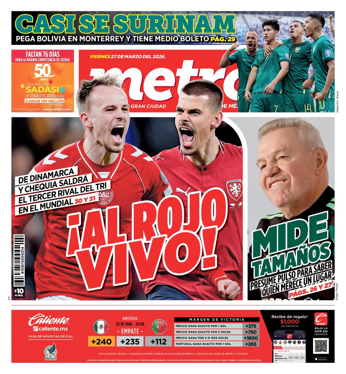 PeriodicoMETRO's tweet photo. ⚽️ El tercer rival del Tri será #Dinamarca o #Chequia 
⚽️ #Bolivia y #Jamaica tienen medio boleto al Mundial
⚽️ #Aguirre defiende su buen ojo para convocatorias https://t.co/ZJA9YeZd7e