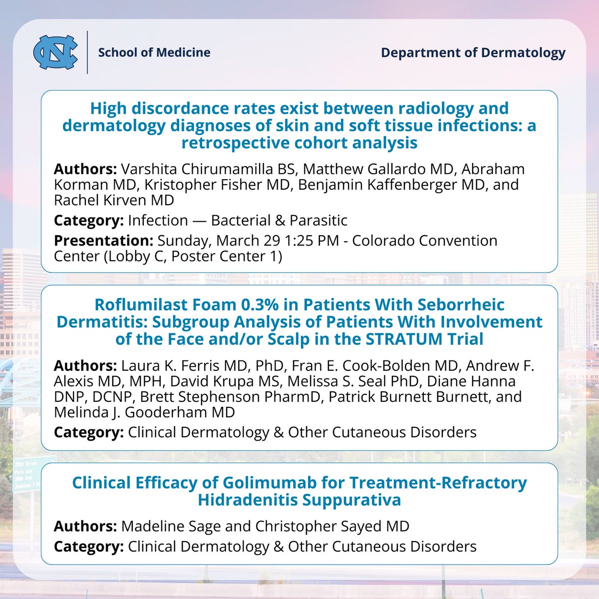UNC_DERM's tweet photo. UNC Dermatology is well represented at AAD this year, especially in poster presentations! 

We hope everyone is able to take the time to review the hard work our residents, fellows, and faculty have put into their research for these posters! https://t.co/EqbiGccgNn