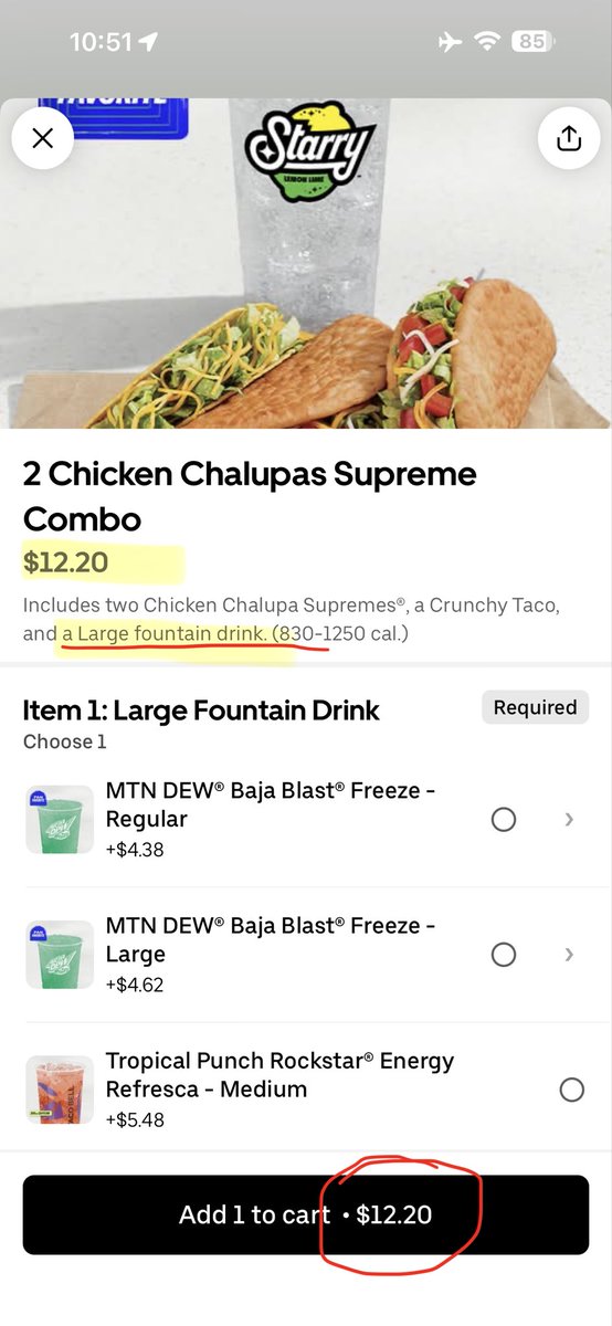 izzienickole's tweet photo. Hey @UberEats &amp; @tacobell why are you adding sneaky surcharges? Your combos include a specific size drink but it rings up separately on top of the advertised combo price. You’re robbing your customers, this is literally theft &amp; needs addressed ASAP. Piketon, OH btw @Uber_Support https://t.co/WsLPFI1BzP