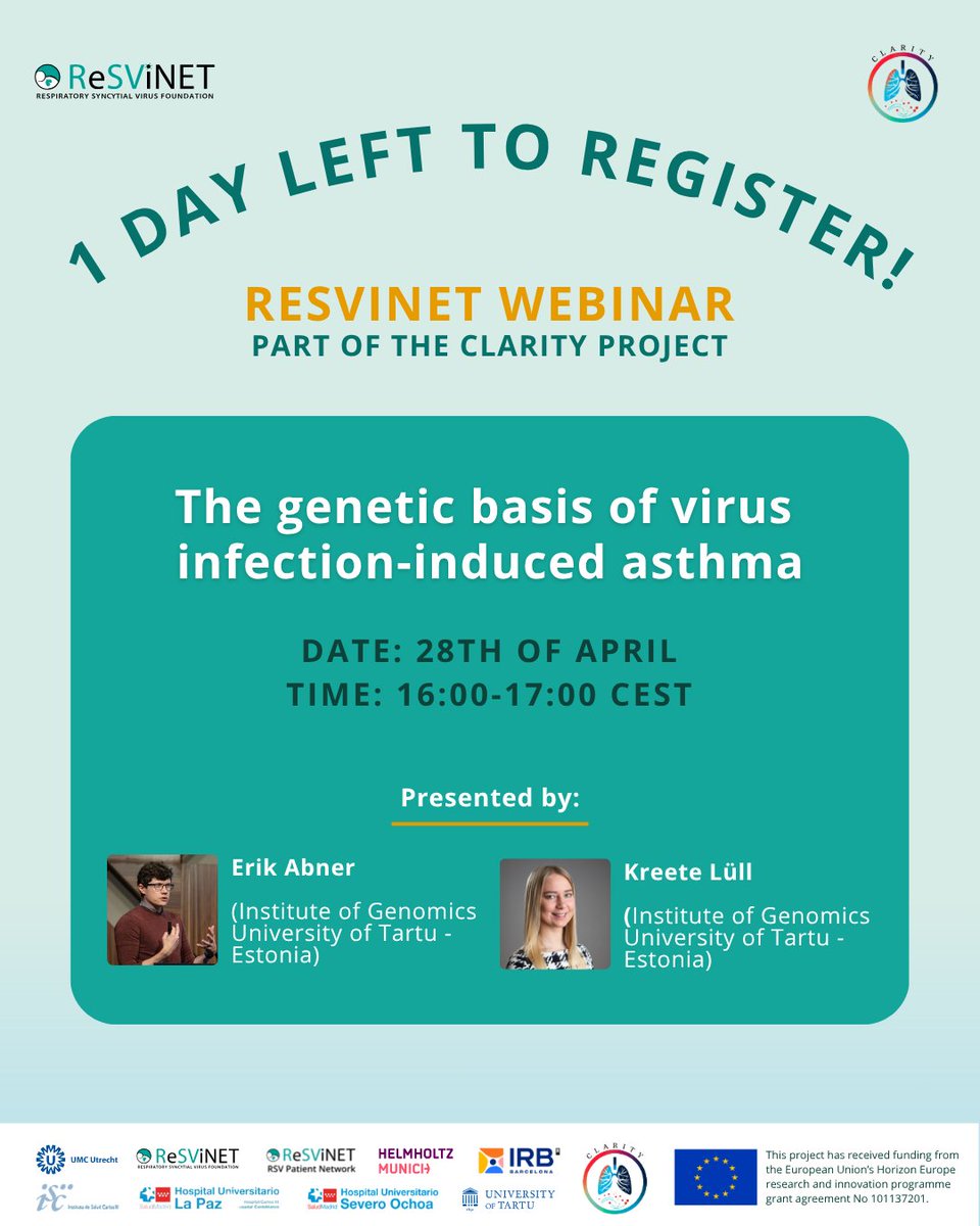 ReSViNET's tweet image. Tomorrow: ReSViNET Webinar, part of the CLARITY Project

Topic: The genetic basis of virus infection-induced asthma

📅 Date: Tuesday, April 28, 2026
⌛ Time: 16:00–17:00 CEST
✍ Register: lnkd.in/eQJUe3ZY

#Webinar #RSV #ReSViNET #CLARITY #Asthma  #PublicHealth