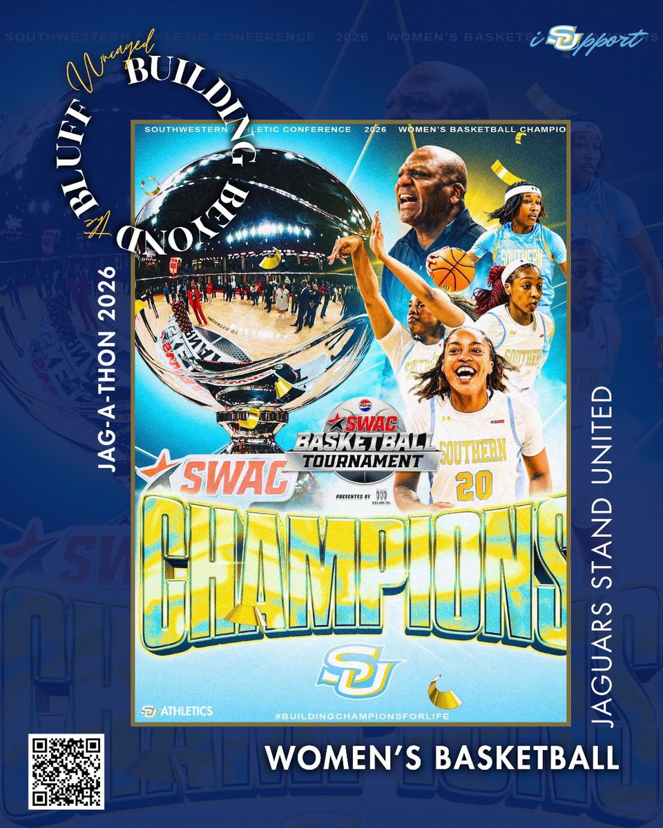 JaguarsWBB's tweet photo. Jag-A-Thon is Here!
 
2026 SWAC Champs and a NCAA First Four victory-Let’s keep the momentum going!
 
SUpport our continued success today-Join us at the Leon Tarver Cultural &amp; Heritage Center (9AM–5PM), call (225) 771-2436, scan the QR code, or go to https://t.co/TwyO5Zojp8. https://t.co/jbD0dbakUl