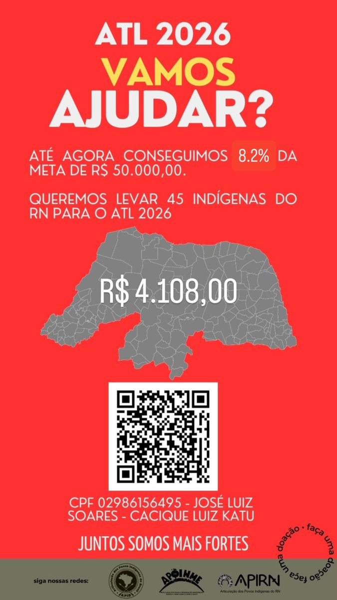 indigenasdorn's tweet photo. Vocês souberam que por falta de 
verba o ATL QUASE FOI CANCELADO ?

Mas Resistiremos

Se você acredita na luta nativa,
Não deixe de apoiar ! 

8.2% da Meta
VAMOS SOMAR NA LUTA ? 

Arrecadamos:  R$ 4.108
Meta R$ 50.000

Pix CPF - 02986156495
José Luiz Soares - Cacique Luiz Katu https://t.co/4uF0RZCFBZ