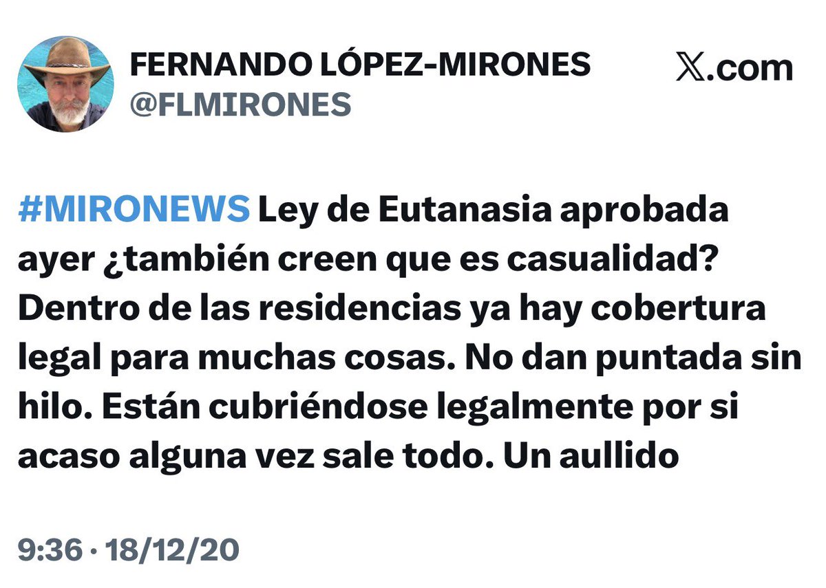 FLMIRONES's tweet photo. #MIRONEWS 18 de diciembre de 2020. ¿De qué hablaba la gente seis días antes de la Nochebuena de 2020? aprobaron la Ley de Eutanasia, y lo dije. Nadie se fijó. Así hacen todo, aprobando a traición cuando todo el mundo está distraído. Estos hijos de pauta siguen el plan.
Un aullido https://t.co/UrnhJIcVje