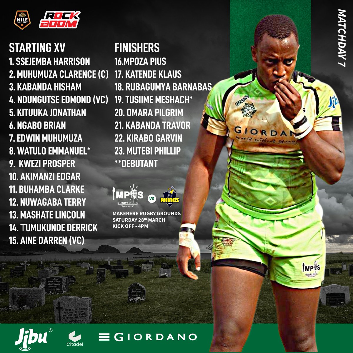 Seven changes to the starting XV, with four in the backline from last weekend🔥

Prosper starts at scrum-half, alongside Akimanzi at fly-half

Watulo makes his debut at No. 8, while Meshach also in line for his first appearance

#ARROGANCE
#ugandarugbypremiership
#TuliKuGraveyard