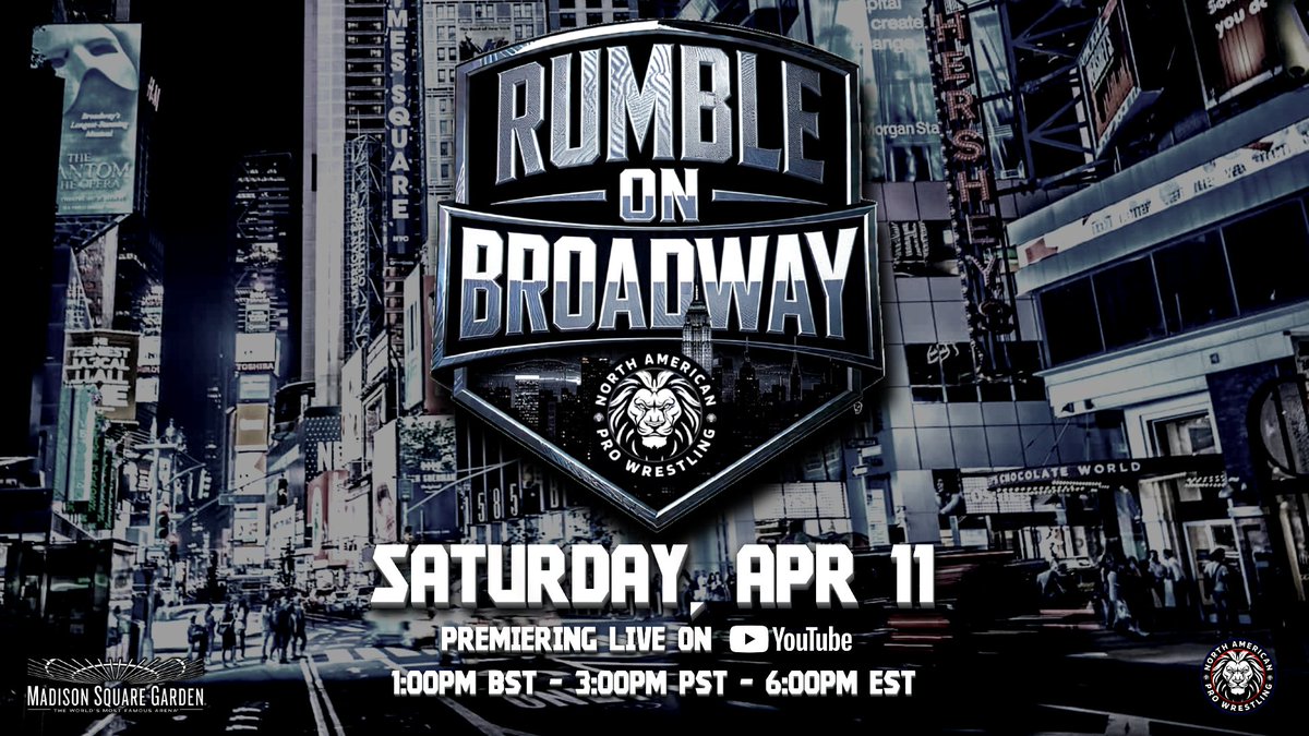 NorthAmericanPW's tweet image. 2⃣WEEKS AWAY!

The return of the event that started it all! NAPW presents: Rumble on Broadway! Saturday, April 11th, premiering LIVE on YouTube! 

Tell all your friends and family that NAPW IS BACK! BE THERE!

#NAPW #EFED #RumbleOnBroadway🏙️