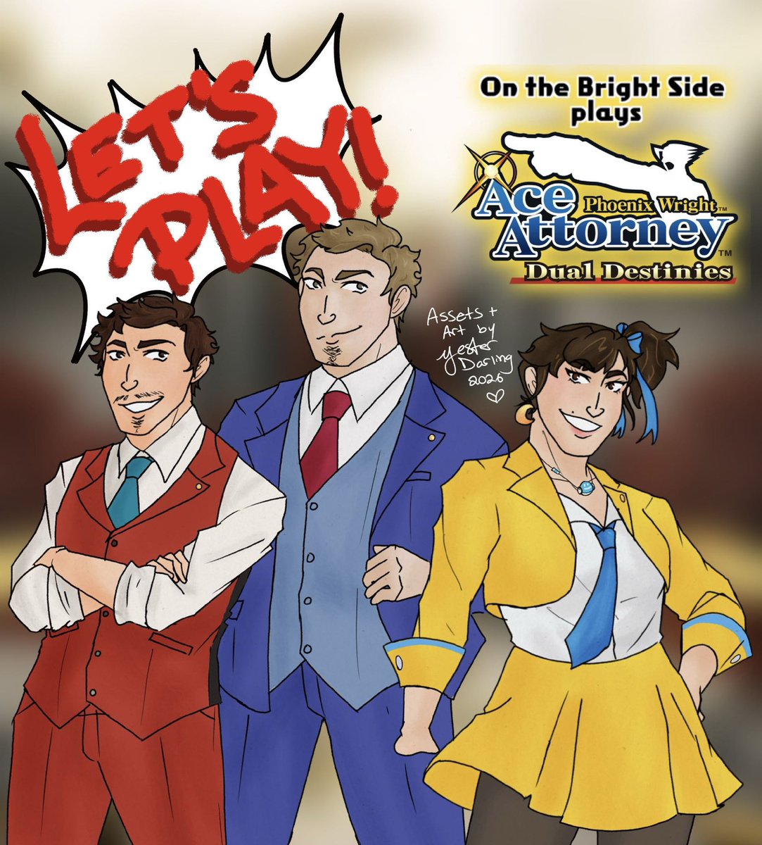 YesterDarling's tweet photo. On The Bright Side will stream #aceattorney #dualdestinies starting April! @thefirefridge and I will be voicing too, as usual, and I made brand new assets.

Dan's YT: https://t.co/SjhsHC2L2H

We stream most weekends depending on work, so check Dan's YT or this thread for updates! https://t.co/qOuva4bUQV