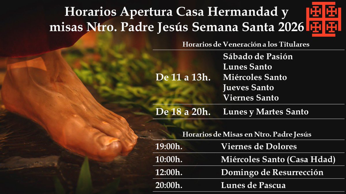 #MISAS Y HORARIOS | Adjuntamos Horarios de apertura de nuestra Casa Hermandad (c/ Itálica 8) para la veneración de nuestros Sagrados Titulares en sus respectivos pasos. Así como horarios de Misas en la iglesia y de Misa Preparatoria del Miércoles Santo