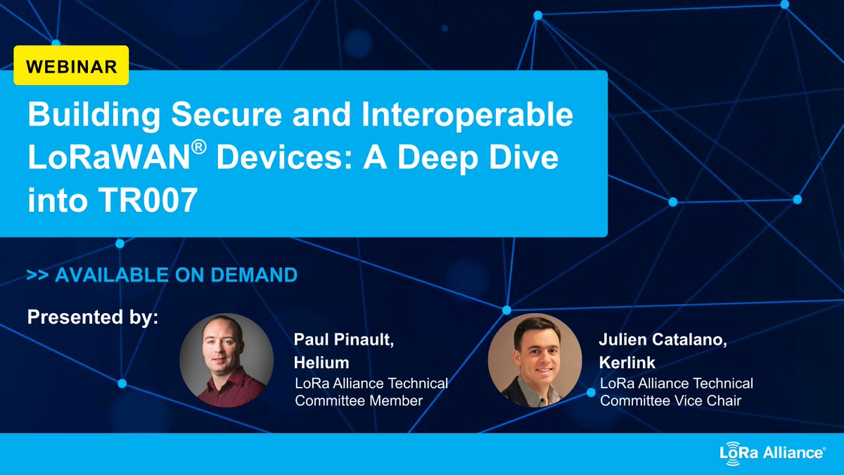 LoRaAlliance's tweet image. 📽️ Missed our webinar, “Building Secure and Interoperable LoRaWAN Devices: A Deep Dive into TR007”?

It’s now available on demand!

Ideal for device makers, firmware and protocol stack developers, and anyone securing #LoRaWAN end-devices.

👉 Watch here: hubs.li/Q048DXL40