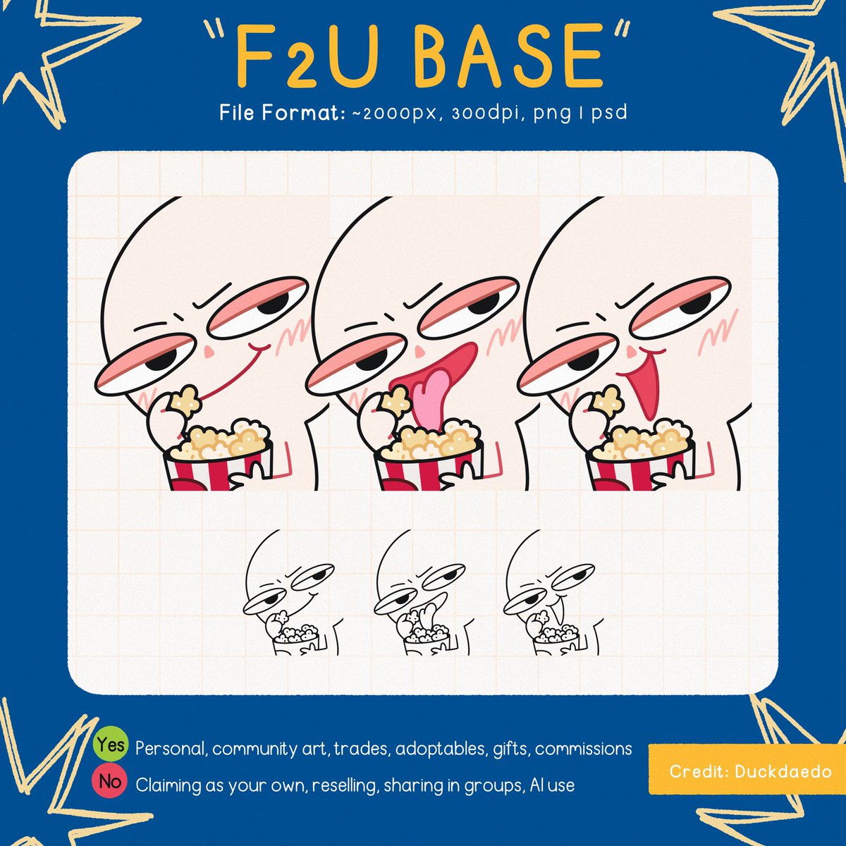 duckdaedo's tweet photo. Side-eye Popcorn base for free! 🍿👀
Just a little something for you guys to play with. Hope you enjoy this silly vibe!
Check it out on Ko-fi.
— RTs appreciated! 💕 —
#DuckdaedoBase
#F2U #YCH #ChibiBase https://t.co/AF5pvjjTKV