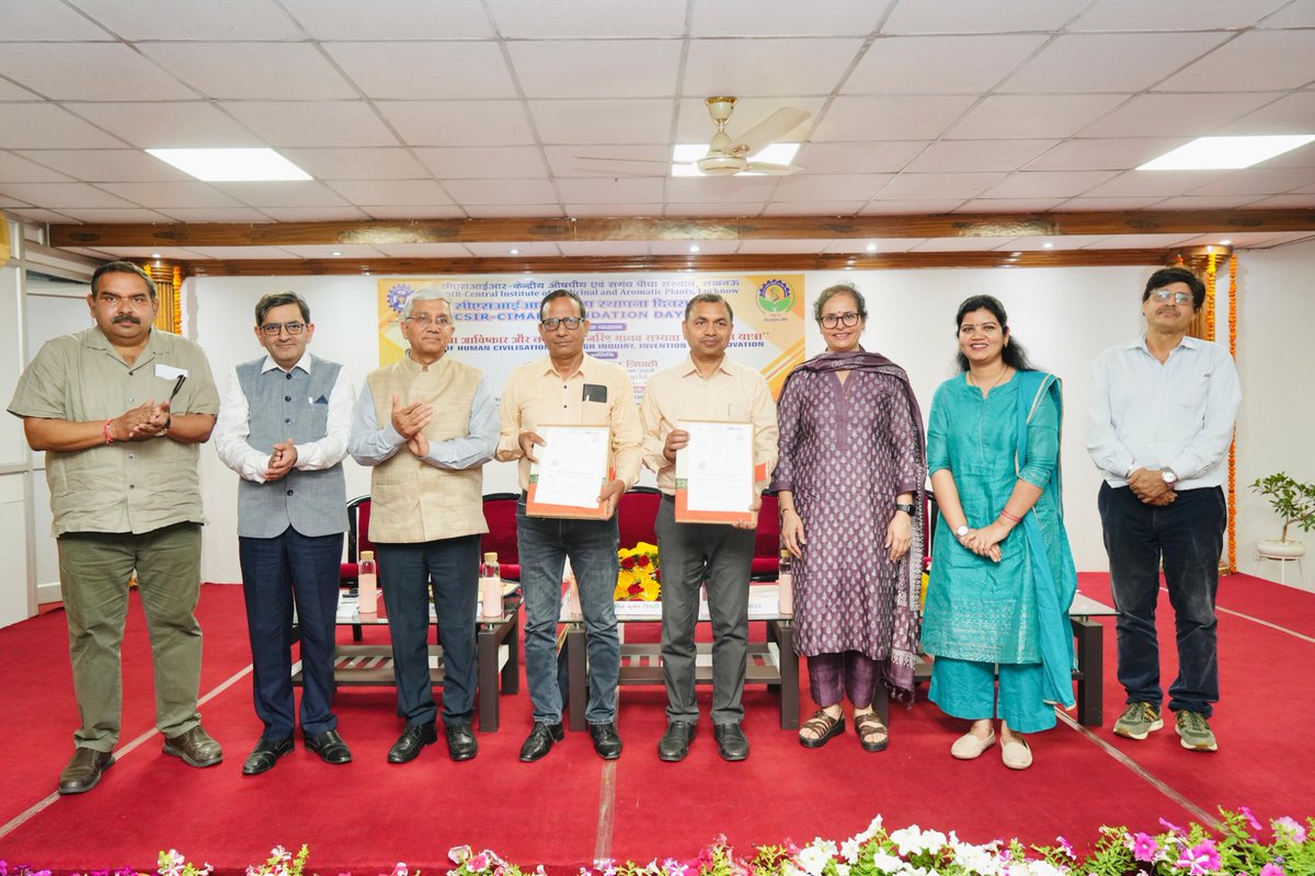 CSIRCIMAP's tweet photo. 🌿 Celebrating 67 Years of Scientific Excellence!

CSIR-Central Institute of Medicinal and Aromatic Plants marked its 67th Foundation Day with great enthusiasm, celebrating a legacy of innovation, research, and national contribution in medicinal and aromatic plants.

The event was graced by Chief Guest Dr. Anil Kumar Tripathi, who delivered an inspiring lecture on “Saga of Human Civilisation through Inquiry, Invention and Innovation,” highlighting the transformative power of science in shaping a Viksit Bharat.

Guest of Honour Dr. Jyoti Yadav emphasized the crucial role of scientific institutions in driving innovation, national development, and self-reliance.

Dr. Zabeer Ahmed, Director, CSIR-CIMAP, highlighted the institute’s achievements in cutting-edge research, farmer outreach, and national initiatives like the Aroma Mission, while calling for a collective vision to strengthen CIMAP’s future contributions.

A major highlight was the exchange of key MoUs, reinforcing CIMAP’s commitment to AYUSH research and MSME collaborations, including partnerships for homoeopathic medicine studies and commercialization of eco-friendly herbal products like “Clean Germ.” 🌱

The release of CIMAP Aus-Vigyan Ank-9 (2026) further showcased the institute’s scientific advancements and outreach efforts.

With over six decades of excellence, CIMAP continues to empower farmers, drive innovation, and promote sustainable solutions for a greener future. 🌍

#CSIRCIMAP #FoundationDay #67YearsOfExcellence #AromaMission #AYUSH #Innovation #ResearchForImpact #ViksitBharat #MSME #HerbalInnovation #SustainableFuture

@CSIR_IND @DrJitendraSingh @DrNKalaiselvi @zabeerahmedb