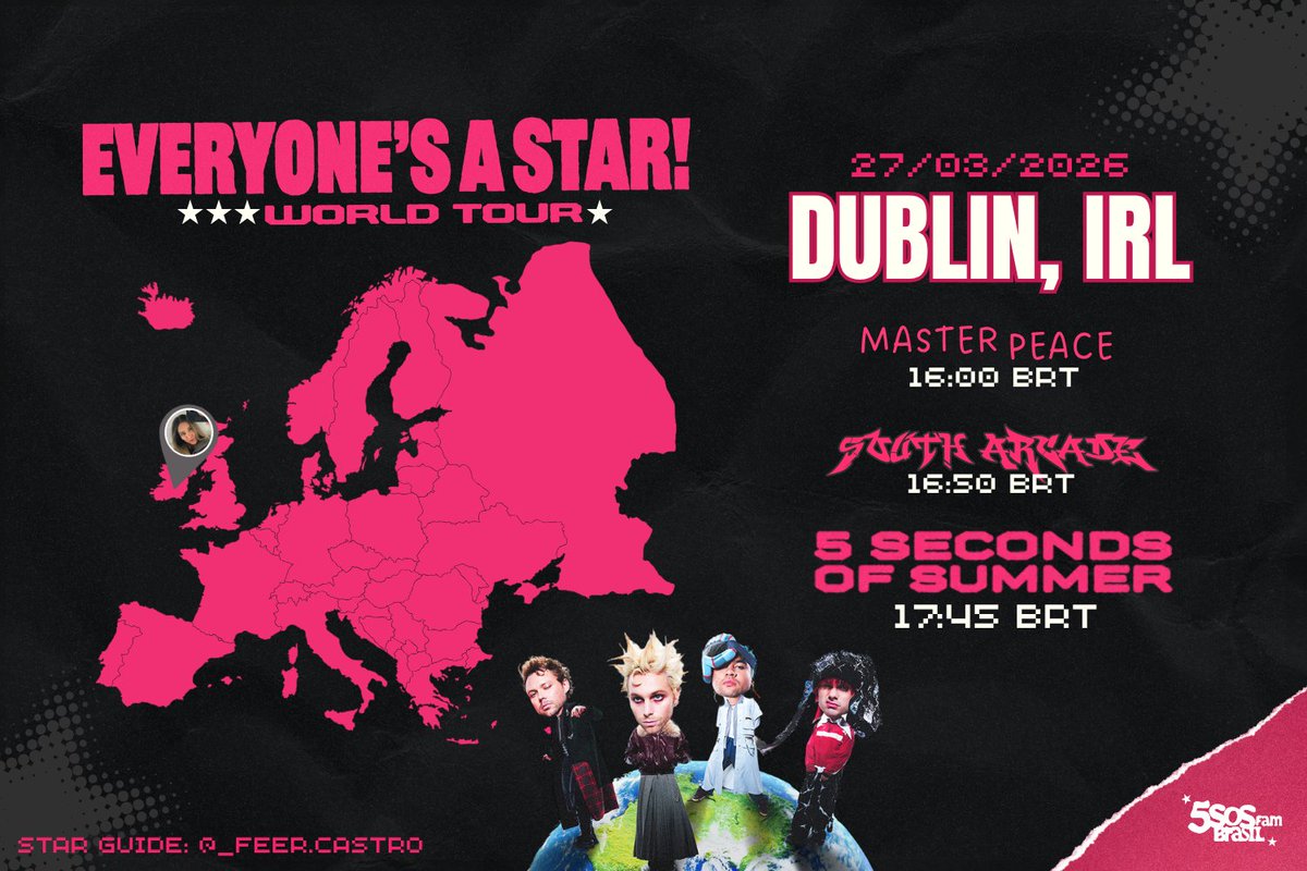 5SOSBrasilFam's tweet photo. 🇮🇪 Hoje a 5SOS se apresenta em Dublin, na Irlanda! #DublinIsAStar #EASDublin #EASTour 

📍Local: 3Arena
👥️ Capacidade: 13.000 pessoas
🎤 Abertura: Master Peace e South Arcade
🌟 Star Guide: @Fer_PCastro https://t.co/15UessLrjS