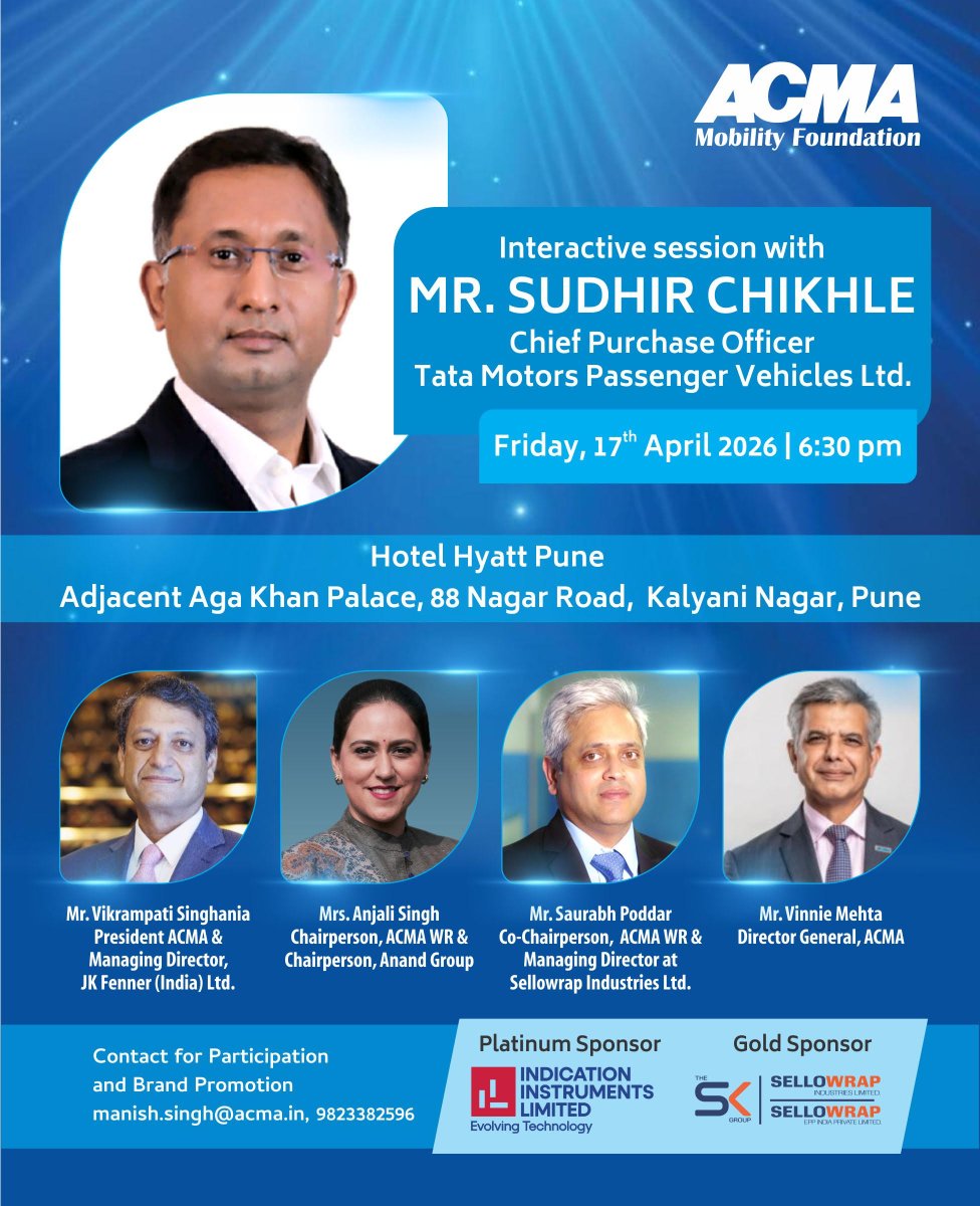 Be part of an engaging interactive session hosted by the ACMA Mobility Foundation, featuring Mr. Sudhir Chikhle, Chief Purchase Officer, Tata Motors Passenger Vehicles Ltd.