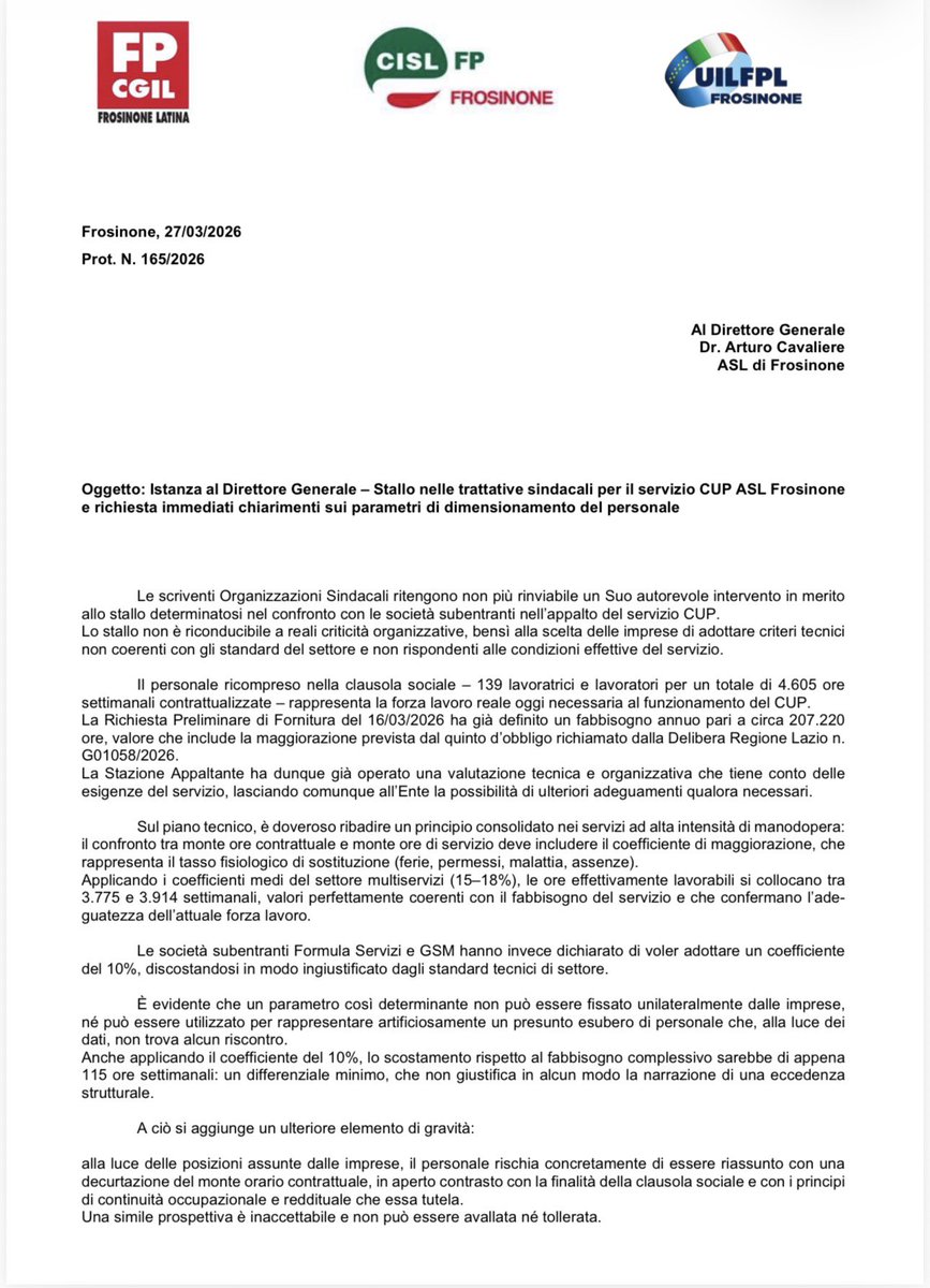 CislFpFrosinone's tweet photo. Con FP CGIL e UIL FPL abbiamo chiesto chiarimenti urgenti all’ASL Frosinone sul servizio #CUP. Tutela dei #lavoratori e #trasparenza nei #criteri restano la nostra priorità.
#ilmiolavorovale https://t.co/FccnRSb7GT