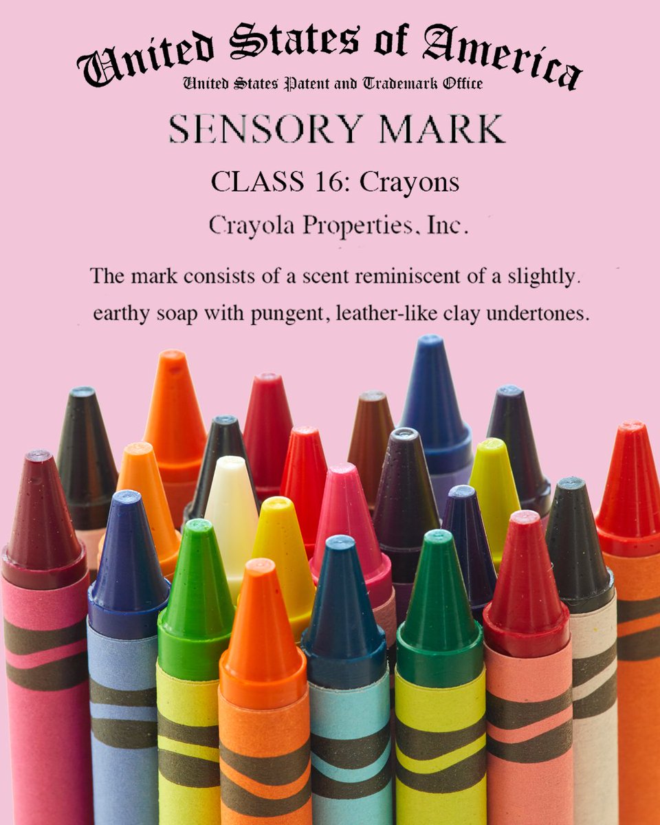 uspto's tweet photo. Next time you open a box of crayons and that nostalgic smell takes you back to childhood, remember that you’re experiencing an iconic trademark. Crayola registered trademark No. 7,431,203 for the scent of their crayons in 2024. #NationalCrayolaDay https://t.co/CtMRjzYrWo