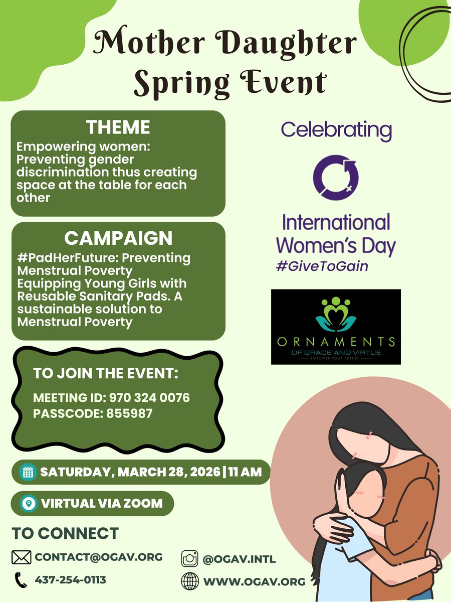 OGAVIntl's tweet photo. Mother–Daughter Spring Event happening tomorrow! No registration required. Just join us!

🗓 March 28, 2026
⏰ North America- 11 AM EST | UK- 4 PM GMT | Nigeria- 5 PM WAT

Optional sign-up for reminders:
Eventbrite: https://t.co/HpYej8Q5r8
OR
AllEvents: https://t.co/cICVZYEO5i https://t.co/5UVurdoe9Q