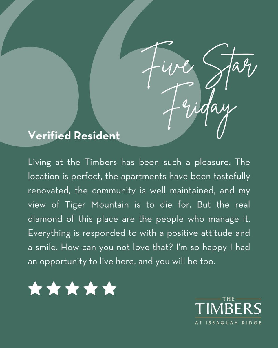 AptsTimbers's tweet photo. ⭐ Feeling the good vibes this Five Star Friday. You help make The Timbers at Issaquah Ridge Apartments shine year round.
#CommunityLove #LuxuryLiving #ApartmentLife #SPGCommunity https://t.co/OHFKdUgrZI https://t.co/jjzrVDFBZU