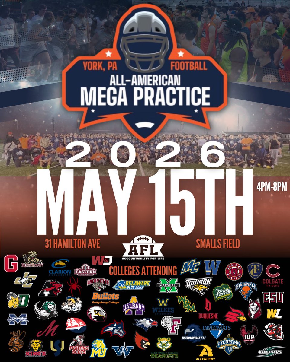 AFL_YorkPA's tweet photo. 🚨 MegaPractice News 🚨 

We’re excited to have Stony Brook planning to attend the 4th Annual AFL All-American Mega Practice 👀

Every year this event brings:
✅ D1, D2, D3 College Coaches
✅ High Energy High Tempo 
✅ Real Competition 
✅ Opportunity to earn an offer  

📍 Don’t miss your shot to compete in front of coaches from Stony Brook and many more!

🔗 Register now:
https://t.co/MTZDOMEWaQ

@RussellStoner24 @CoachCregger @CoachKAFL @CoachMattGrz @CoachBL_AFL 

#AFLMegaPractice #Recruiting  #Exposure #OneGoal