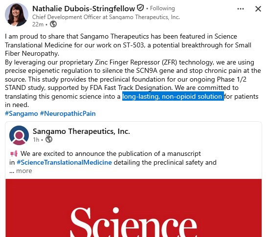 BiotechAnalysst's tweet image. $SGMO says: our ongoing Phase 1/2 STAND study supported by #FDA #Fast #track 
precise epigenetic regulation to silence SCN9A
+stop chronic pain
translating this genomic science into a long-lasting, #non-#opioid solution for patients 

we get #CNPV for this non opiod solution imho