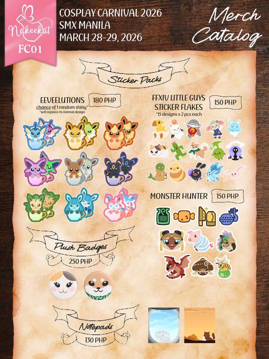nakeekat's tweet photo. CosCarni 2026 Catalog 🦋

[2/3] Sticker Packs, Plush Badges, Notepads, Prints &amp; Sticker Albums ✨
❣️ Mighty Nein, Akatsuki no Yona, Cardcaptor Sakura, Pokemon, FFXIV, Apothecary Diaries, Monster Hunter, Scott Pilgrim, Dungeon Meshi, Originals

#FanfairAtCosplayCarnival2026 https://t.co/pQJQ89x0qf