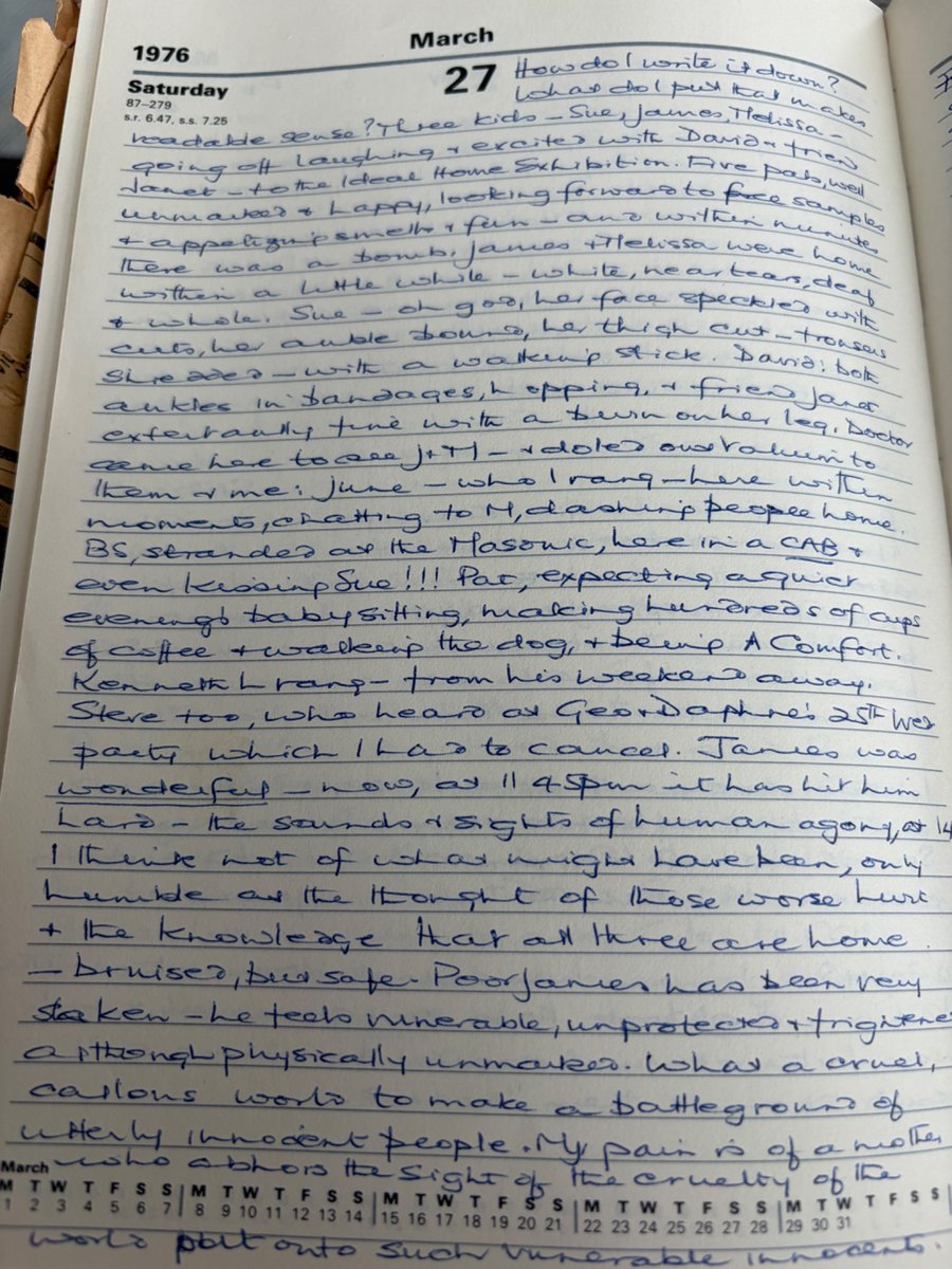 BringBackJose2's tweet photo. 50 years ago today the IRA planted a bomb at the Ideal Home Exhibition at Olympia. Here’s my Mums diary from that night, trying to make sense of how close my two sisters and I had been to disaster. https://t.co/gbBthlS5BQ
