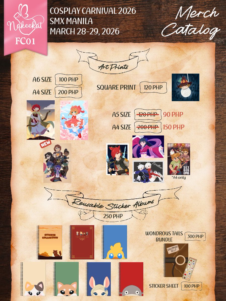 nakeekat's tweet photo. CosCarni 2026 Catalog 🦋

[2/3] Sticker Packs, Plush Badges, Notepads, Prints &amp; Sticker Albums ✨
❣️ Mighty Nein, Akatsuki no Yona, Cardcaptor Sakura, Pokemon, FFXIV, Apothecary Diaries, Monster Hunter, Scott Pilgrim, Dungeon Meshi, Originals

#FanfairAtCosplayCarnival2026 https://t.co/pQJQ89x0qf