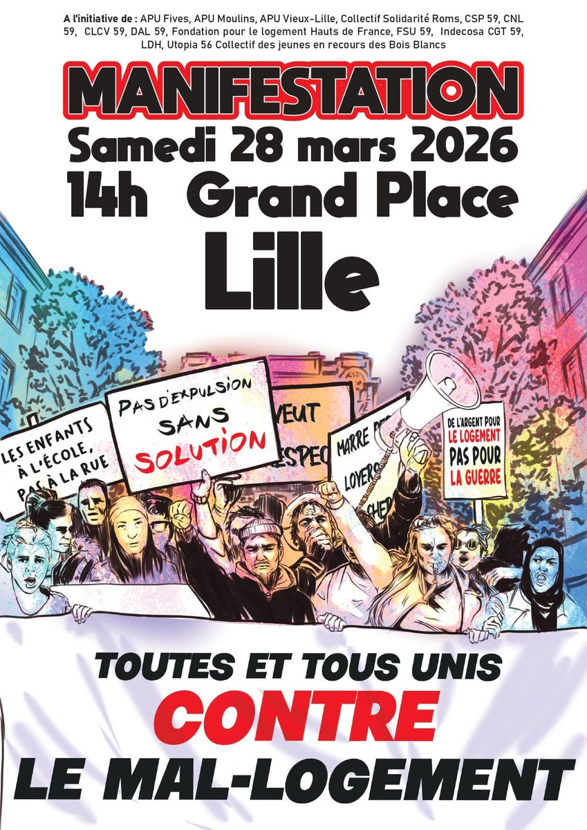 GGrevistes's tweet photo. Contre les expulsions, contre l'exclusion sociale, contre le mal logement, contre le mépris des classes les plus défavorisées et par ce que le logement est un droit fondamental.

Rendez-vous, ce samedi 28 mars à 14h00, rue nationale côté Grand-Place - Lille https://t.co/L7lazHvOXv