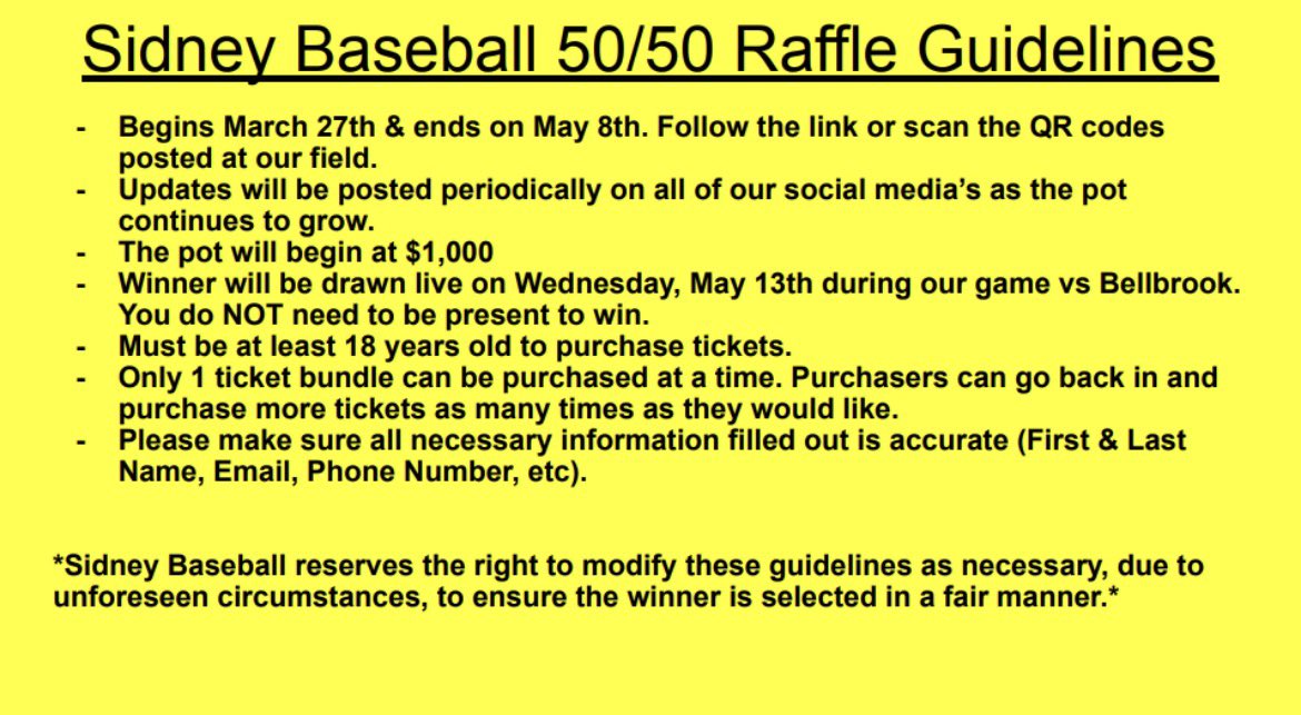 SidneyJacketBSB's tweet photo. Even though Opening Day is pushed to tomorrow, our 50/50 Raffle still begins today! 🎟️

Follow the link, scan the QR code here or at a game, and make sure to read our guidelines! 

https://t.co/YrsVcpPclt

Thanks for your support of Sidney Baseball! 

#ALLIN🐝 https://t.co/fUnnKn9Bpp
