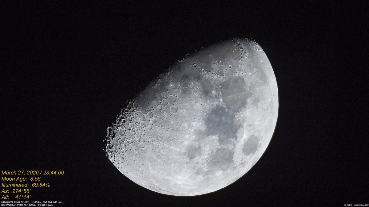 3月27日 23:44　夜になると気温は低くなり寒い。雲は少なく、風も弱い。 #月　おやすみなさい・・・