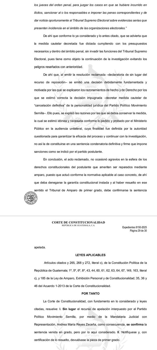 ElQueNews's tweet image. La Corte de Constitucionalidad (La CC)ratificó la cancelación del partido Movimiento Semilla tras rechazar las apelaciones presentadas. El proceso se derivó de anomalías en su constitución, por firmas falsas y la inscripción de personas fallecidas.
​#Semilla #LaCC #TSE