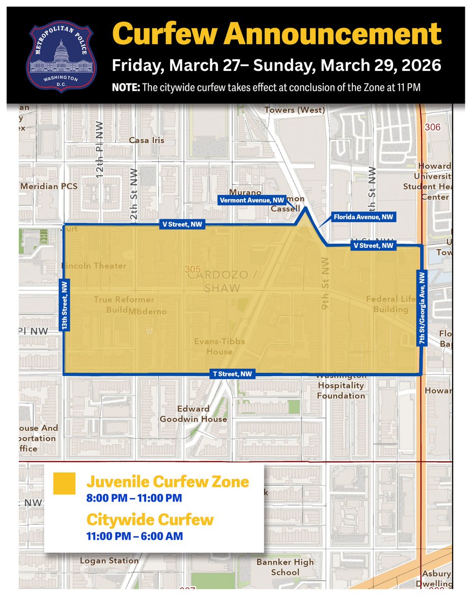 MPD announces the establishment of two juvenile curfew zones beginning Friday, March 27, at 8:00 p.m.

Read more: mpdc.dc.gov/release/chief-…

Learn more about curfew enforcement here: mpdc.dc.gov/page/dc-curfew…