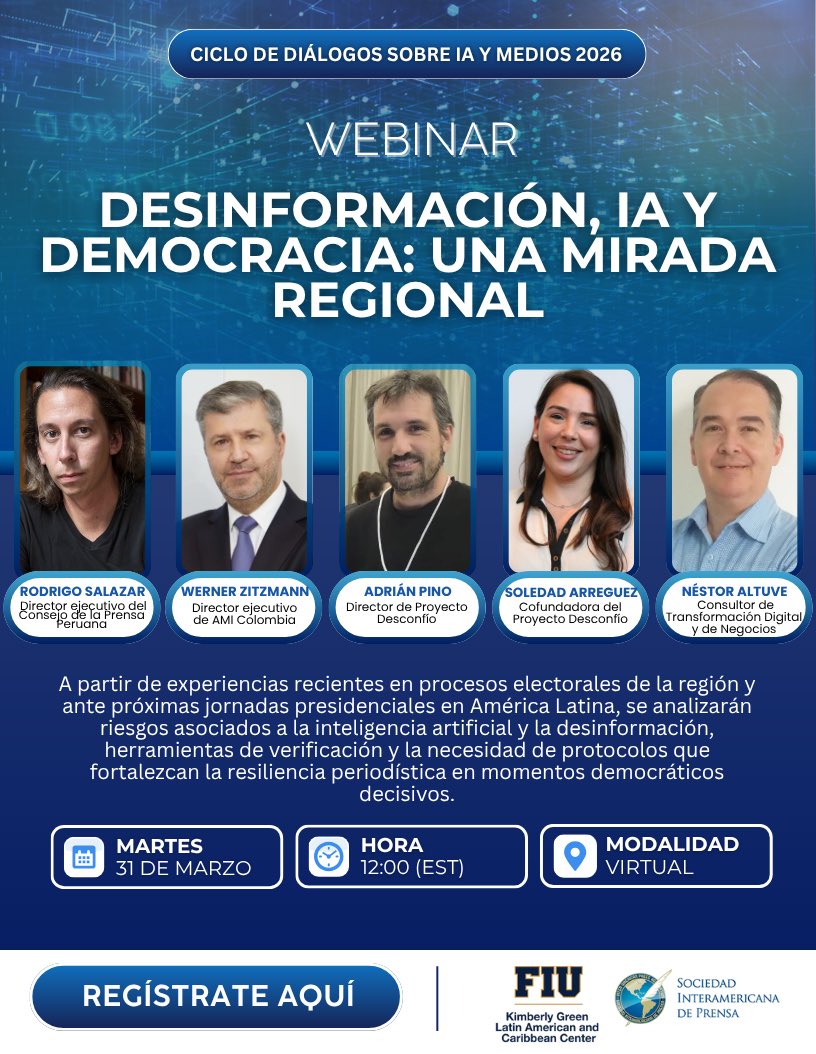 sip_oficial's tweet photo. 💻 #Webinar | Desinformación, IA y democracia

🔎¿Cómo impactan la #IA y la #desinformación en los procesos electorales de América Latina? ¿Qué herramientas y protocolos necesitamos para fortalecer la resiliencia periodística?

👉🏼 Regístrate aquí: https://t.co/xlGh67Xs1t https://t.co/Nffsx3dnaj