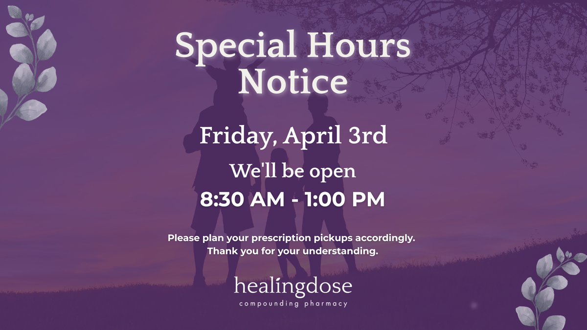 HDRx will be operating on modified hours this Good Friday, open from 8:30 AM to 1:00 PM. We’re here to support your medication needs ahead of the holiday weekend.

Plan ahead with us: bit.ly/3Tmz0ej 

 #GoodFriday #FarmingtonHillsMI #CompoundingPharmacy #MichiganPharmacy