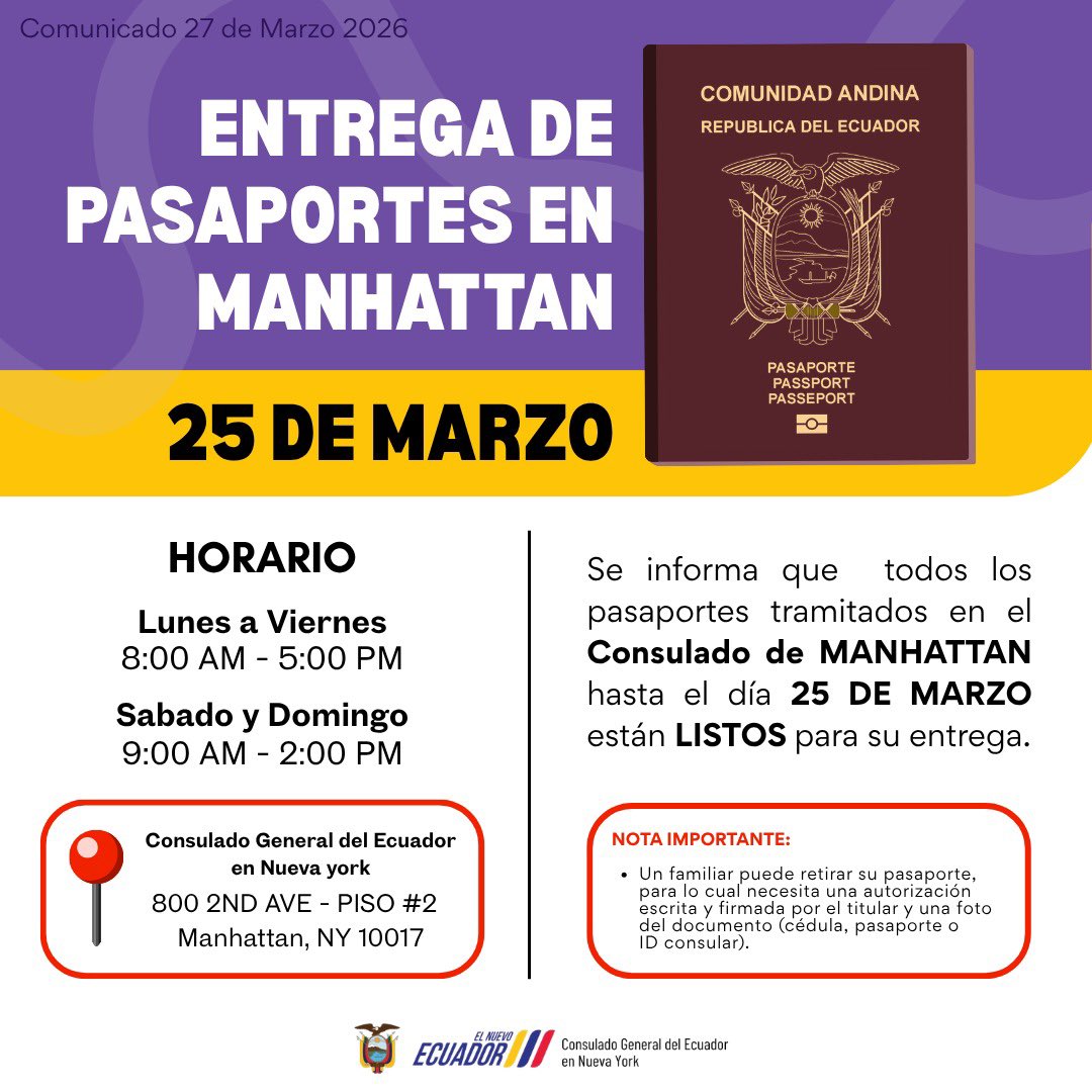 🇪🇨 Comunicado 🇪🇨
🚨 Nota importante:
- Un familiar puede retirar su pasaporte, para lo cual necesita una autorización escrita y firmada por el titular y una foto del documento (cédula, pasaporte o ID consular).

#pasaporteecuadorny #ecuatorianosenelmundo #ecuatorianosenny