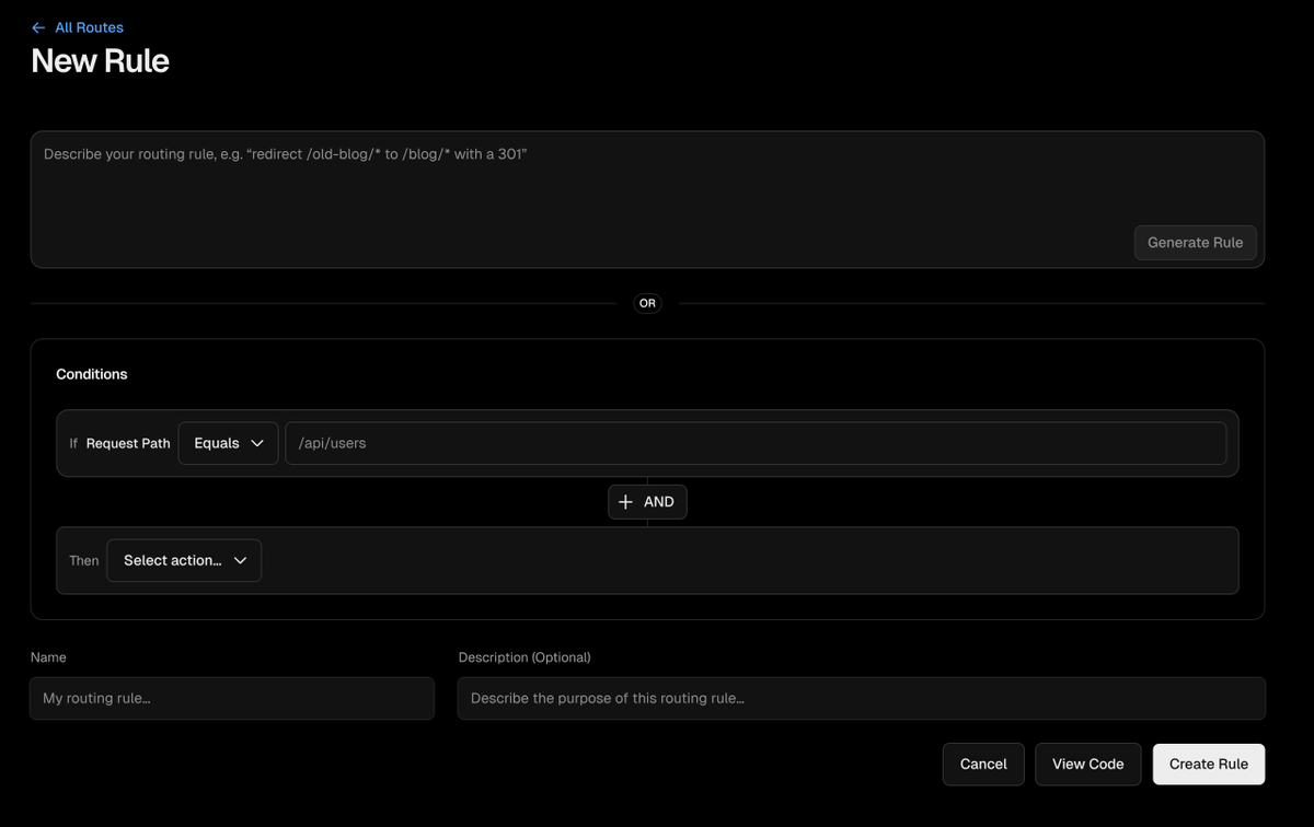 samroehrich_'s tweet photo. The first actually useful application of AI in a dashboard goes to Vercel with this cdn rules page https://t.co/Q1ToyodEGL