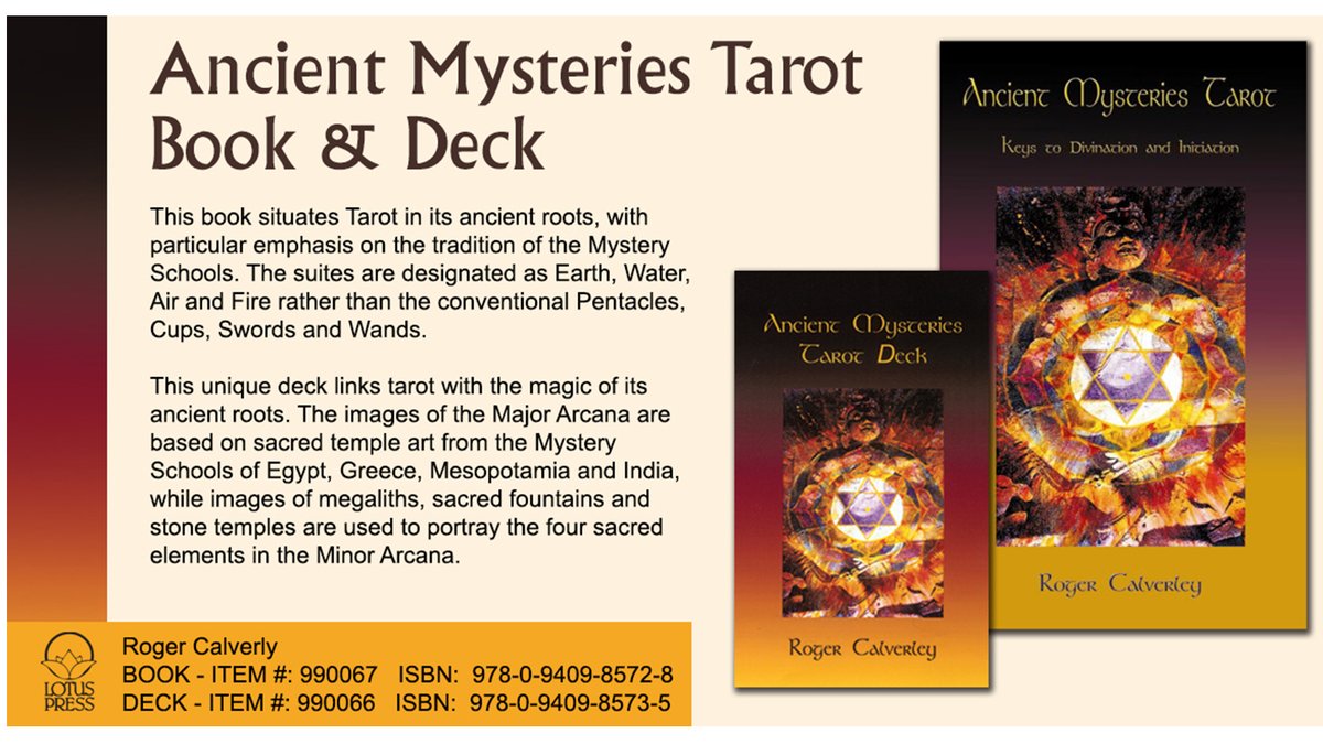 Ancient Mysteries Tarot Book - Calverley, Roger ..emphasis on the tradition of the Mystery Schools. ..Earth, Water, Air and Fire rather than the conventional Pentacles, Cups, Swords and Wands 
lotuspress.com/products/ancie… #tarot #arcana #mysteryschools #pentacles #cups #swords #wand