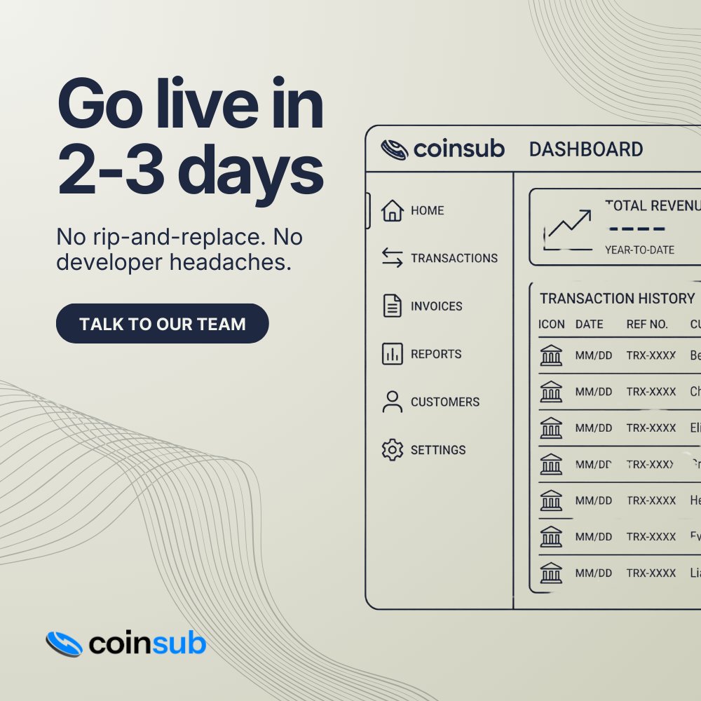 coinsubio's tweet image. Two weeks from now, your payment stack could look completely different.

Go live in 2–3 days.

#Platforms, #marketplaces, #e-commerce, #PSPs — if you're exploring stablecoin infrastructure, we'd like to show you how it works.

Talk to our team → zurl.co/CN1w0 👋