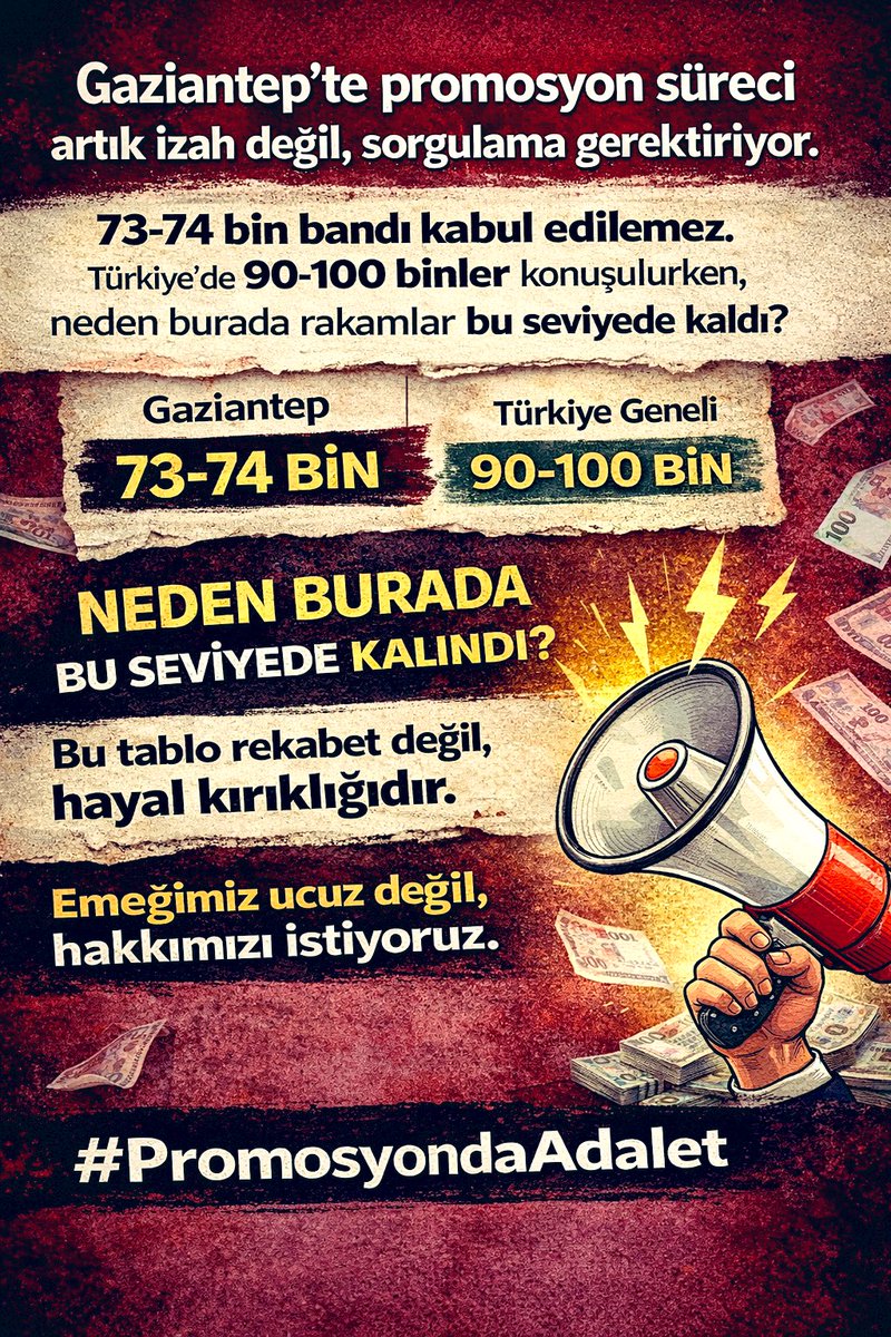 Gaziantep’te promosyon süreci artık açıklamayla geçiştirilemez. Türkiye’de 90-100 binler konuşulurken burada 73-74 bin bandında kalınması kabul edilemez. Bu tablo rekabet değil, hayal kırıklığıdır. Emeğimiz ucuz değil, hakkımızı istiyoruz. #GaziantepPromosyon #PromosyondaAdalet