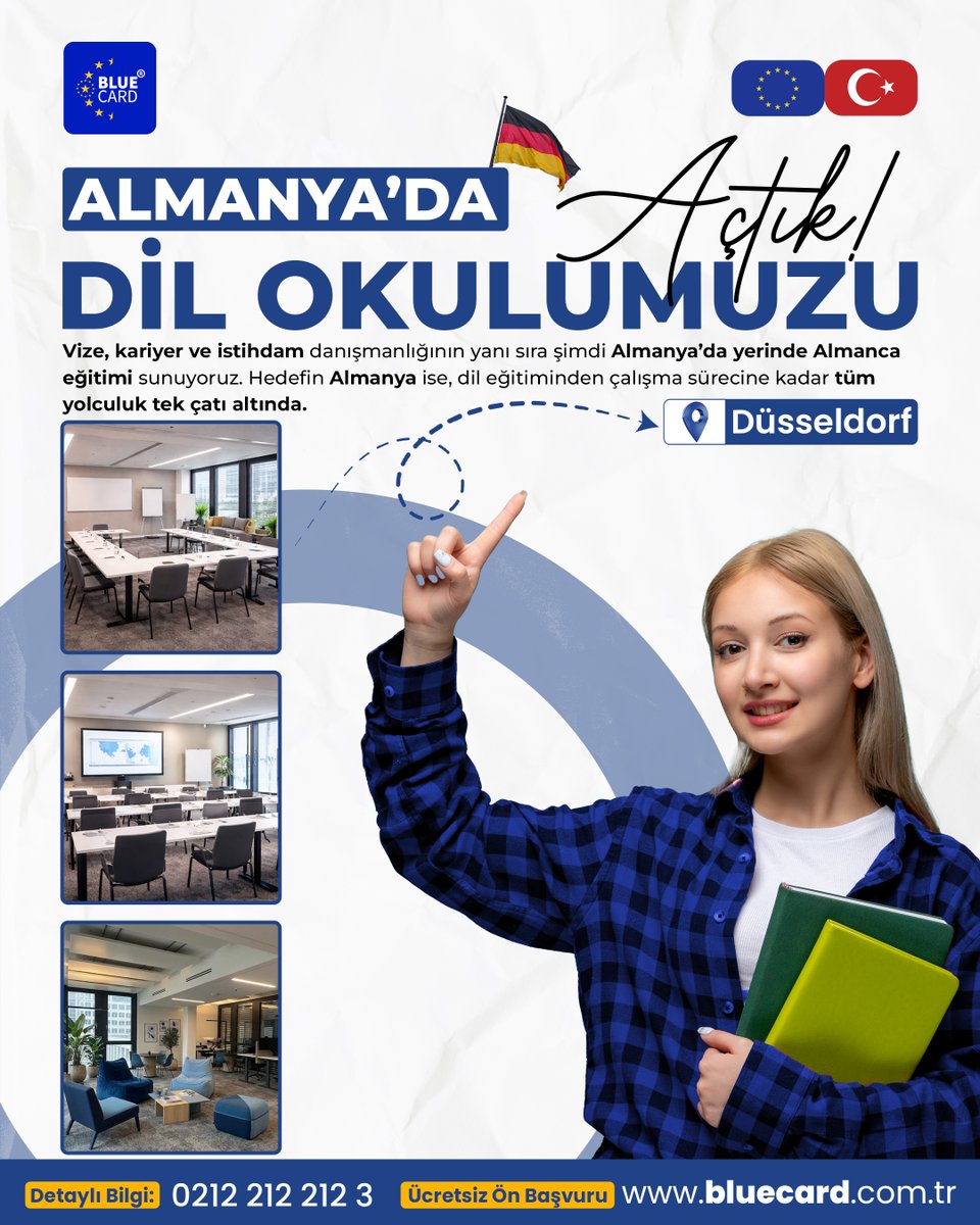 bluecardcomtr's tweet photo. Almanya yolculuğunda yeni bir sayfa açıyoruz! ✨

Blue Card ailesi olarak Düsseldorf’taki dil okulumuzun kapılarını açtık! 

Hedefiniz Almanya ise; eğitim, vize ve kariyer danışmanlığı artık tek bir adreste! 🚀
📞 Detaylı Bilgi: 0212 212 212 3
🌐 https://t.co/5WVw5JCPjY https://t.co/uH0hGx3Uiw