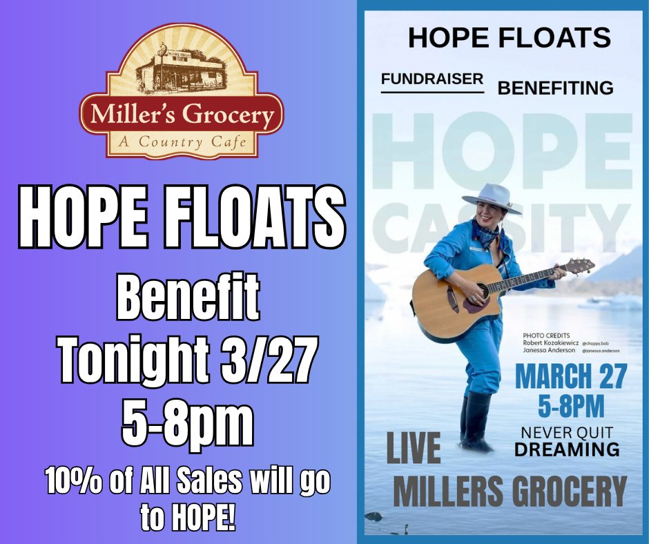 Miller’s Grocery is stepping up BIG for local artist Hope Cassity &amp; The Sundance Kids! On Friday, March 27th from 5:00pm–8:00pm, we’re donating 10% of EVERY sale straight to Hope’s medical fundraiser.  #KeepHopeAlive #SupportLocalArtists #MurfreesboroStrong #millergrocery