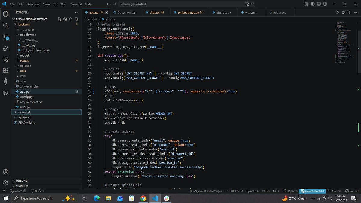 MayankK53059499's tweet photo. #day147 of Coding
moving forward in my RAG project
learned the basics of python like syntax of CORS, middlewares and routes
understand how PyPDF2is used to read pdf
how chunks is created
follow my journey
portfolio https://t.co/w86UynOIGH
#100DaysOfCode #BuildInPublic https://t.co/0CxLDnxypF