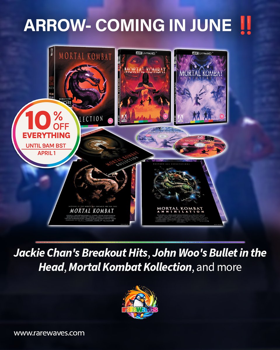 RarewavesCom's tweet image. COMING IN JUNE FROM ARROW 🏹🏹🏹 rarewaves.com/arrow-collecti…

The action is HIGH with Jackie Chan’s Breakout Hits, John Woo’s Bullet in the Head and the MORTAL KOMBAT KOLLECTION 🐉🐉🐉
 
PLUS: Marlowe, Audition and Wake in Fright😱
 
PRE-ORDER YOURS 🤜🤛
 
#ArrowVideo #LimitedEdition