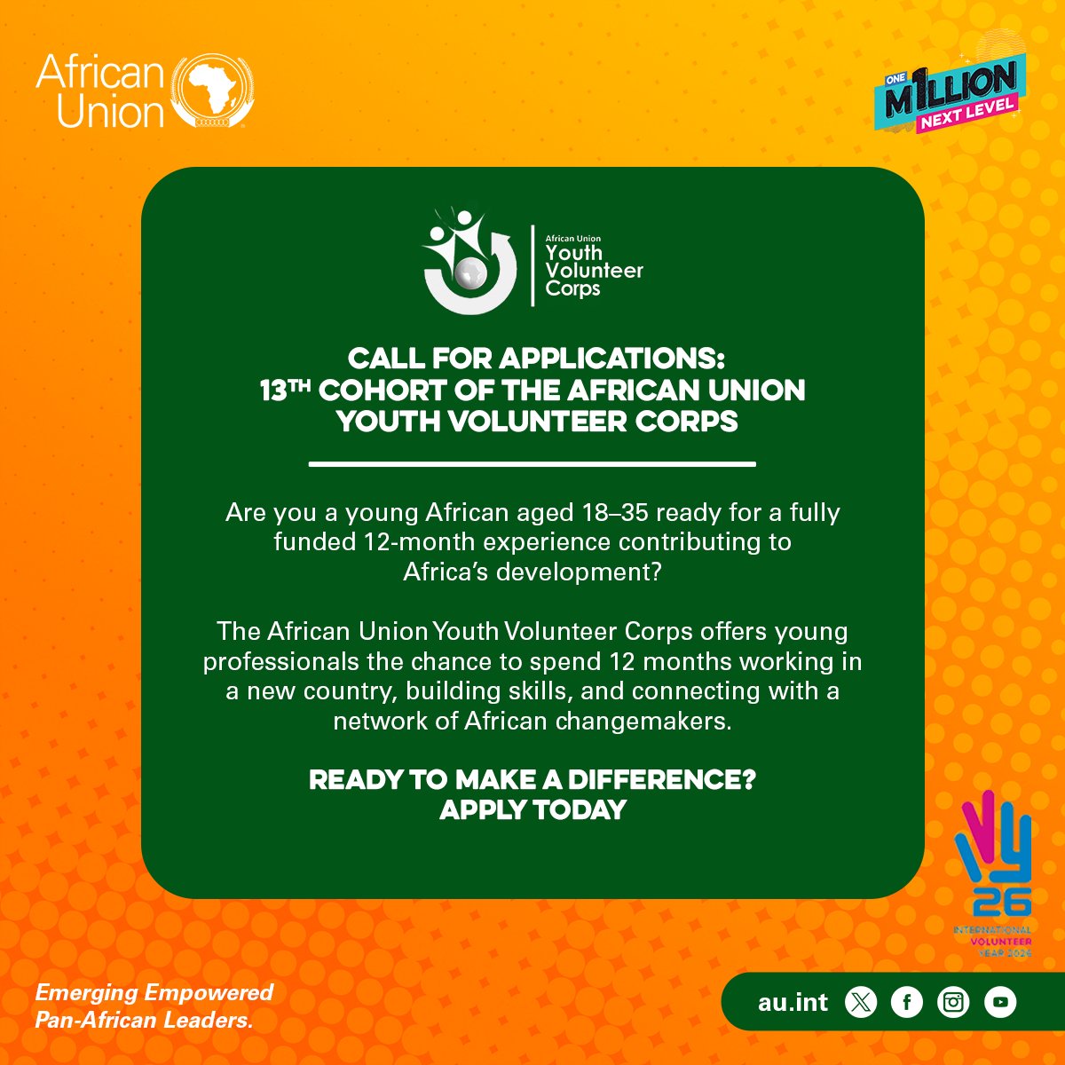 CHMAfrique's tweet photo. CALL FOR APPLICATIONS: AU-YVC 2026!

Are you a young African professional (aged 18–35) ready to gain hands-on experience and contribute to #Agenda2063?

🔗 Apply: https://t.co/7d0LMTMKfA
🕒 Deadline: April 26, 2026 https://t.co/9m5WXa8ot1