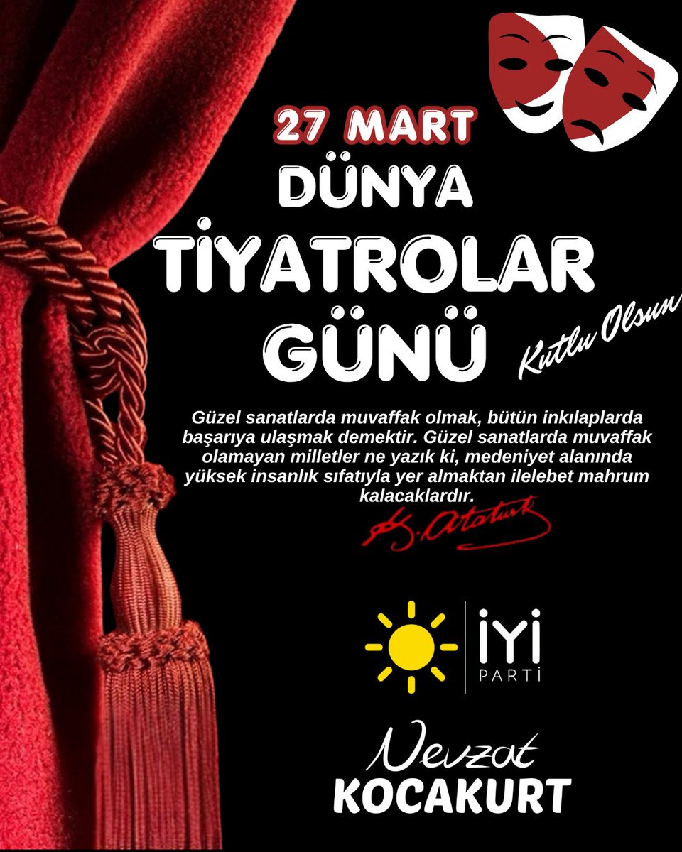 nevzatkocakurt's tweet photo. İnsana kendini ve olanı sahnede izleten, anlatan tiyatro sanatına, oyuncudan yönetmene, yazardan dramaturga emek veren herkesin #DünyaTiyatrolarGünü kutlu olsun. Özgür, çeşitli ve çok sayıda oyun izlemek, payımıza düşenden faydalanmak dileğiyle... https://t.co/0z7L2KXmRg