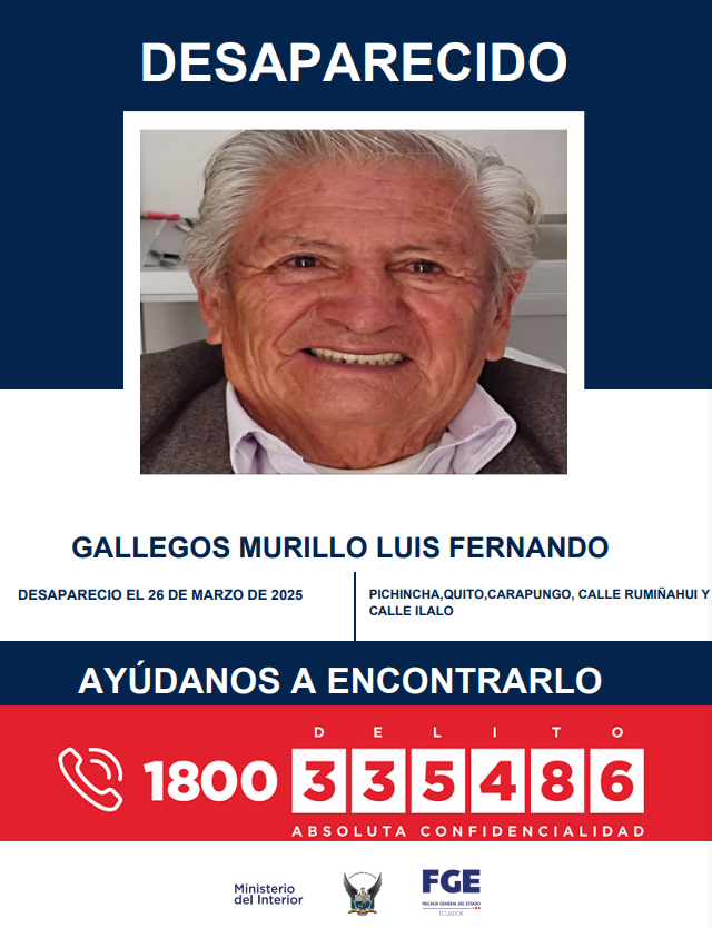#DesaparecidosEcuador | Ayúdanos a encontrar a Gallegos Murillo Luis Fernando, quien desapareció el 26 de marzo de 2025, en Pichincha, Quito, Carapungo, calle Rumiñahui y calle Ilaló. Si tienes información puedes comunicarte en 1800 DELITO (33 54 86). Habrá confidencialidad.