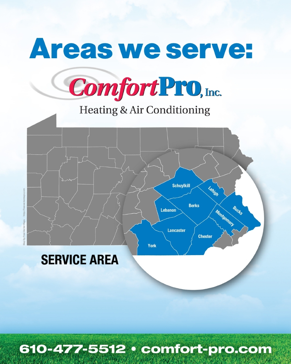 comfortproinc's tweet image. Live in Berks, Lehigh, York, or Lancaster?

Comfort Pro, Inc. is your go-to for heating &amp;amp; cooling service.
📍 Serving nine counties—and always just a call away.

#ComfortPro #HVACPros #ServiceArea #PAHomes #BerksCounty