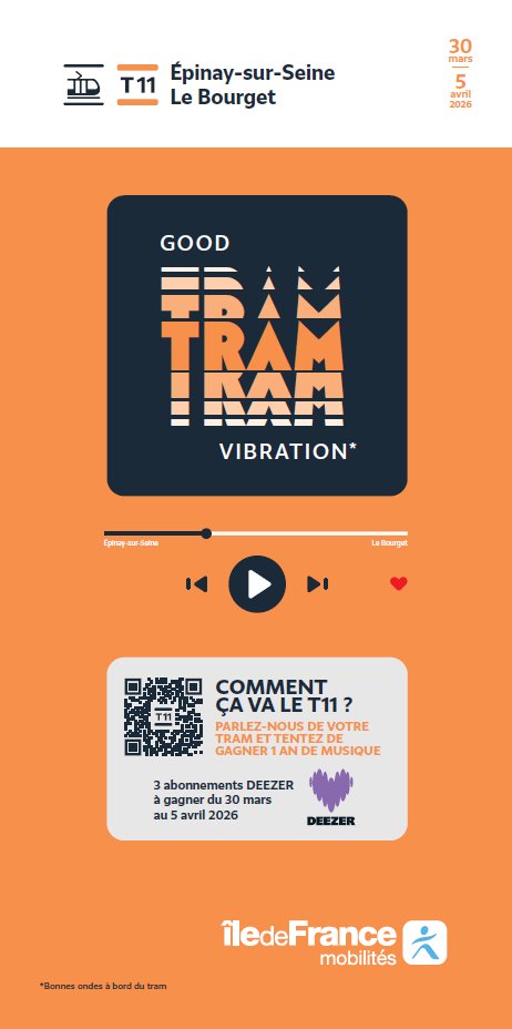 T11_IDFM's tweet image. 📣Comment ça va le #TramT11 ?
Du lundi 30 mars au dimanche 5 avril, parlez nous de votre tram et tentez de gagner 1 an de musique avec #Deezer pour vous et votre famille !
